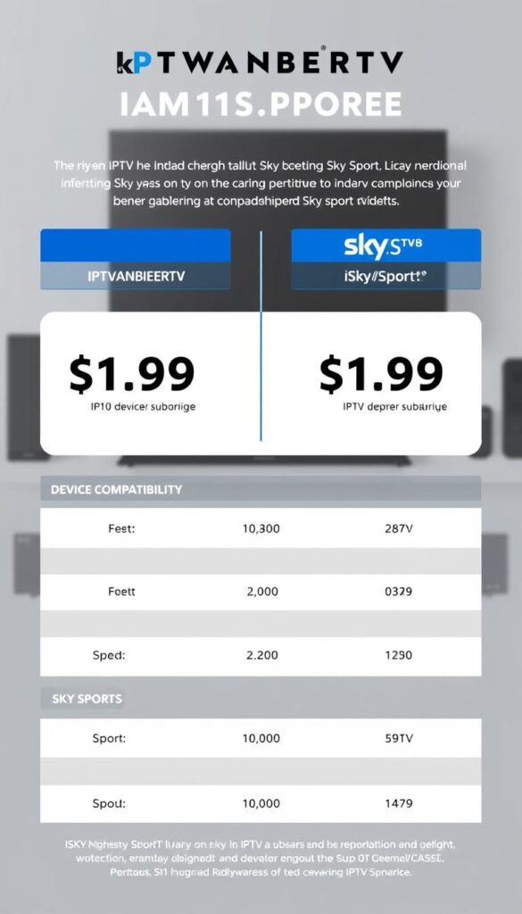 A modern, sleek visual comparison of the pricing and device compatibility between IPTV service IPTVANBIETERTV and the traditional Sky Sport subscription in Germany. The scene depicts a minimalist, high-contrast layout with clean typography, simple icons, and balanced use of Sky's signature blue and grey tones. The foreground showcases the pricing information in a clear, side-by-side format, while the background features subtly blurred device silhouettes to convey the supported hardware. The overall mood is professional, informative, and visually striking, making it an effective illustration for the article's price comparison section.