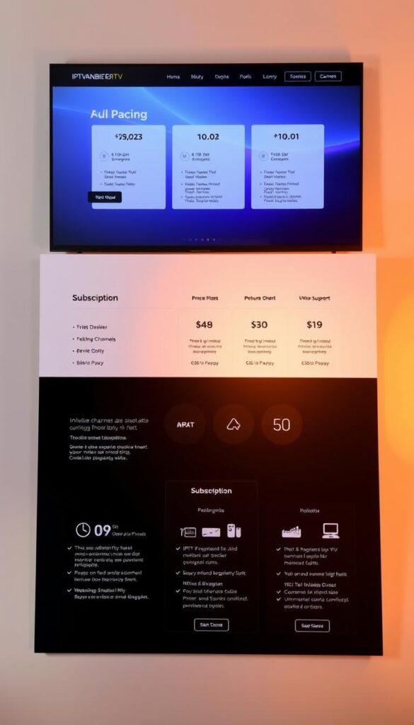 A modern, sleek web interface displaying the pricing options and subscription plans for IPTVANBIETERTV, a leading IPTV service provider. The foreground showcases a clean, minimalist layout with bold typography highlighting the various package tiers and their corresponding costs. The middle ground features detailed infographics and icons conveying the included channels, device support, and other key features. The background subtly transitions between soft gradients, evoking a sense of professionalism and technical prowess. Warm, balanced lighting casts an inviting glow across the scene, creating an overall impression of transparency and customer-centric design.