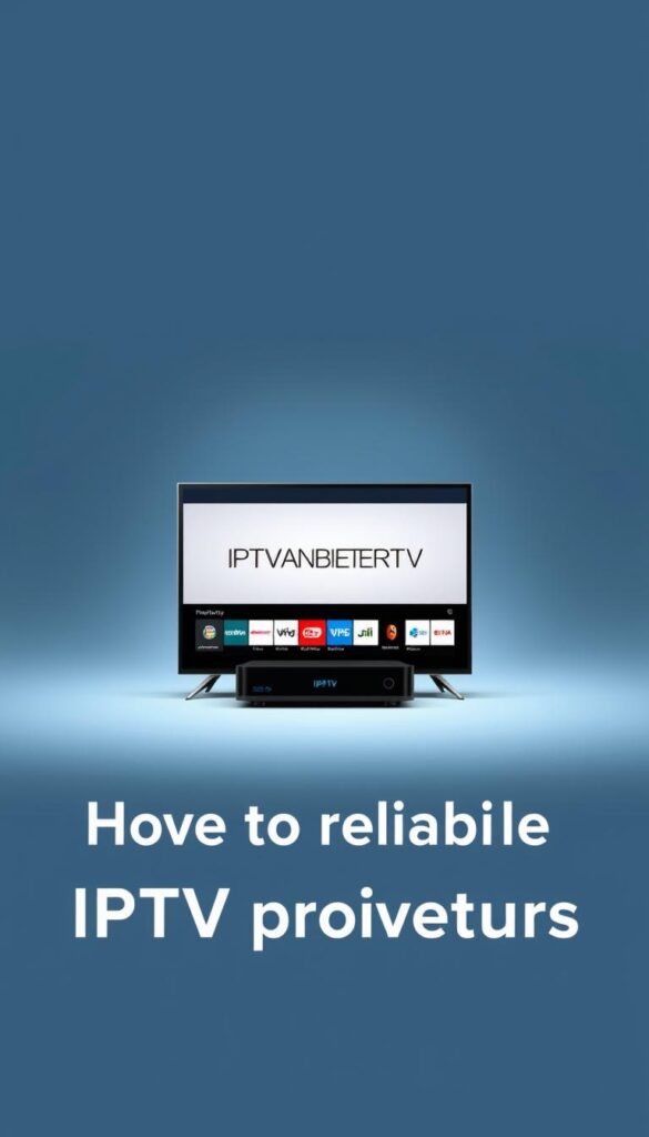 A modern, sleek web interface showcasing the IPTVANBIETERTV brand. In the center, a high-resolution display of a smart TV or streaming device, depicting a clear, buffer-free video playback experience. The background is a minimalist, gradient-based design in calming tones of blue and gray, evoking a sense of stability and reliability. Subtle lighting from above creates depth and highlights the device's elegant form. The overall composition exudes a professional, trustworthy atmosphere suitable for an article on reliable IPTV providers.