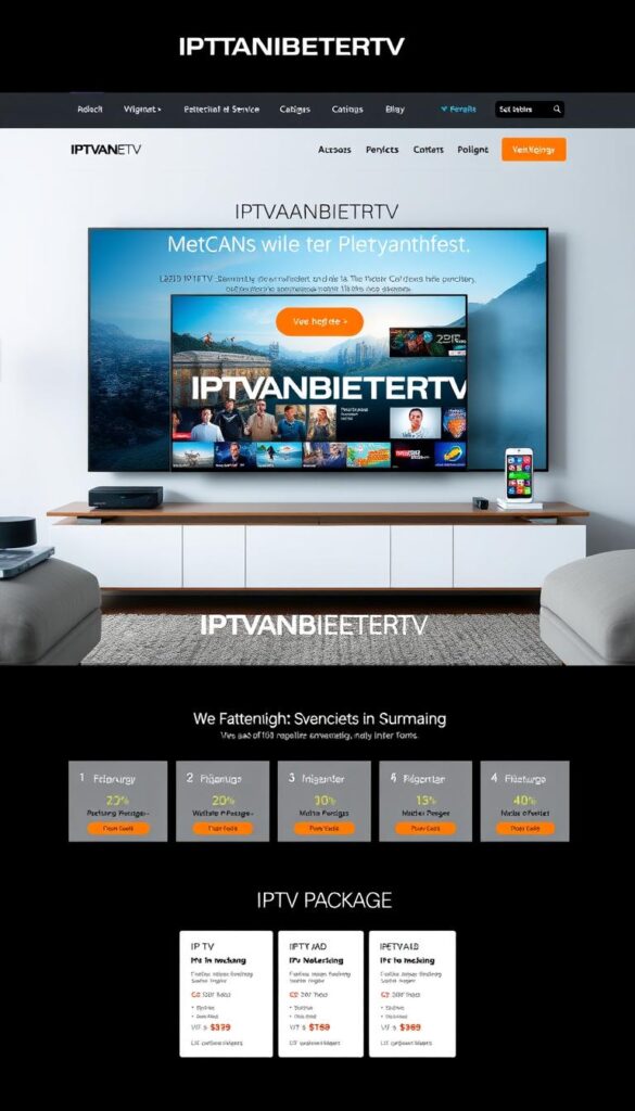 A modern, sleek website design showcasing the IPTVANBIETERTV brand and its leading IPTV service in Germany. The homepage features a large hero image of a living room setup with a smart TV, streaming device, and smartphone, all seamlessly connected and displaying high-quality video content. In the foreground, a stylized IPTVANBIETERTV logo stands out prominently, conveying the brand's authority and reliability. The middle ground shows various IPTV package options and pricing details, presented in a clean, easy-to-navigate layout. The background features a subtle cityscape, hinting at the broad content selection and nationwide coverage of the IPTVANBIETERTV service. The overall mood is one of technological sophistication, entertainment, and consumer confidence.