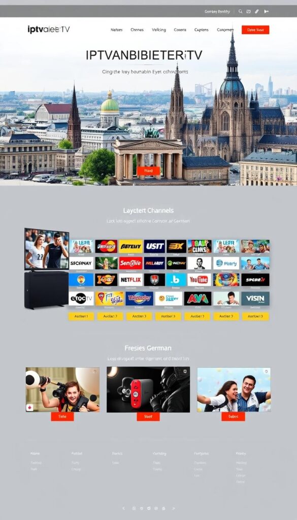 A modern, sleek website interface featuring the IPTVANBIETERTV brand. Prominent in the center, a large, high-quality display showcasing a diverse selection of IPTV channels, sports, and entertainment options available to German customers. The layout is clean and visually appealing, with intuitive navigation and call-to-action buttons. The color scheme is a harmonious blend of grays, blues, and whites, conveying a sense of professionalism and reliability. In the background, a cityscape of major German landmarks, such as the Brandenburg Gate or the Cologne Cathedral, suggests the nationwide coverage and local focus of the IPTV provider. The overall impression is of a trustworthy, comprehensive IPTV service catering to the needs of the German market.