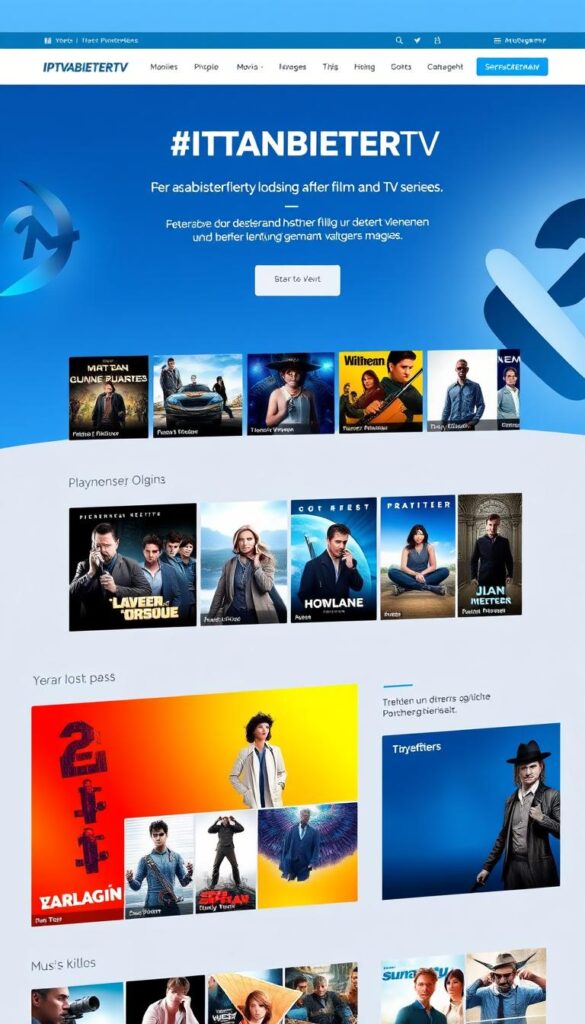 A modern, sleek website interface showcasing the IPTVANBIETERTV brand and its film and series streaming services. The homepage features a clean, minimalist design with bold typography, crisp graphics, and a vibrant color palette of blues and grays. In the center, a large hero banner displays a selection of popular movies and TV shows available on the platform, with high-quality promotional imagery. The navigation menu offers intuitive access to subscription plans, content categories, and account management. The overall aesthetic conveys a sense of professionalism, reliability, and a premium streaming experience tailored for the German market.