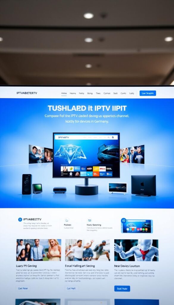 A modern, sleek website interface showcasing the IPTVANBIETERTV brand, capturing the leading IPTV service in Germany. The design features a clean, minimalist layout with sharp lines and a cool color palette, emphasizing the platform's reliability and cutting-edge technology. In the center, a prominent display highlights the wide range of supported devices, conveying the service's versatility. The background subtly suggests the diversity of content available, hinting at the extensive channel selection. Subtle lighting and depth of field create a professional, high-quality atmosphere, reflecting the brand's market dominance and dedication to providing the best IPTV experience.