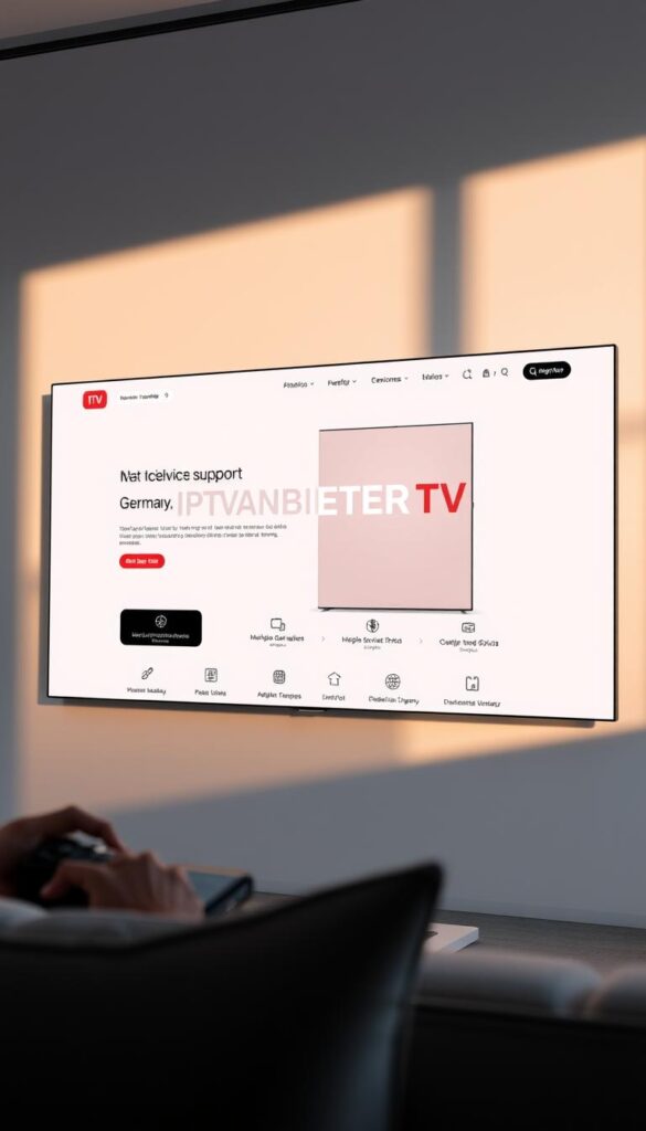 A modern, sleek website interface showcasing the IPTVANBIETERTV brand, featuring a hero image with a high-quality 4K television display. The website layout is clean and minimalist, highlighting the service's key features like multiple device support and affordable pricing. The overall aesthetic conveys a sense of reliability, professionalism, and technological innovation. The lighting is soft and natural, creating a warm and inviting atmosphere. The camera angle is a slightly elevated, three-quarter view, providing a comprehensive overview of the website's design and content. The background is a subtle, blurred cityscape, hinting at the service's broad reach and availability across Germany.
