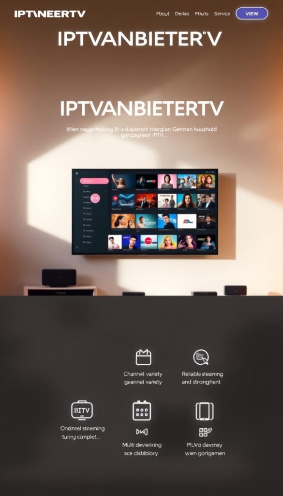 A modern, sleek website interface showcasing the IPTVANBIETERTV brand. In the center, a prominent hero image depicting a large, high-definition television screen with an array of diverse content options displayed, representing the comprehensive IPTV service. The foreground features clean typography and minimalist icons highlighting key features like channel variety, reliable streaming, and multi-device compatibility. The middle ground includes subtle product shots of various streaming devices compatible with the IPTV service. The background bathes the scene in a warm, soft lighting, creating a sense of sophistication and technological advancement. The overall composition conveys a premium, trustworthy IPTV provider catering to the needs of modern German households.