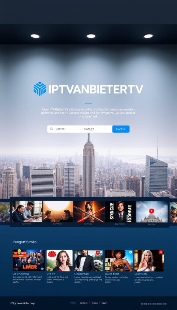 A modern, sleek website showcasing the IPTVANBIETERTV brand. The homepage features a hero section with a prominent logo, clean typography, and a sophisticated color palette of blues and grays. In the middle ground, a grid of high-quality images highlights the platform's content offerings - live TV channels, on-demand movies, and more. The background depicts a cityscape with skyscrapers, suggesting the service's wide geographic reach and urban appeal. Lighting is soft and evenly distributed, creating a professional, trustworthy atmosphere. The composition is balanced, with elements arranged to draw the viewer's eye towards the central branding and product features.