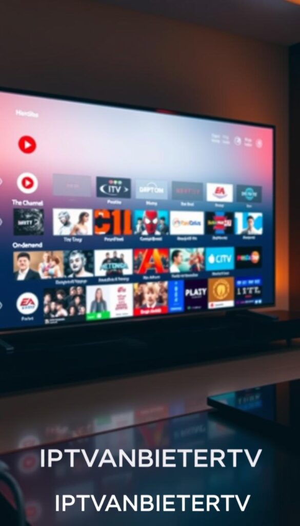 A modern smart TV displaying a sleek IPTV user interface, showcasing a wide selection of live TV channels and on-demand content. The screen is clean and well-designed, with intuitive navigation and high-quality video playback. In the foreground, the IPTVANBIETERTV brand logo is prominently displayed, conveying a sense of professional and reliable IPTV service. The overall scene is bathed in warm, inviting lighting, creating a cozy and engaging atmosphere for the viewer to experience IPTV on their smart TV.