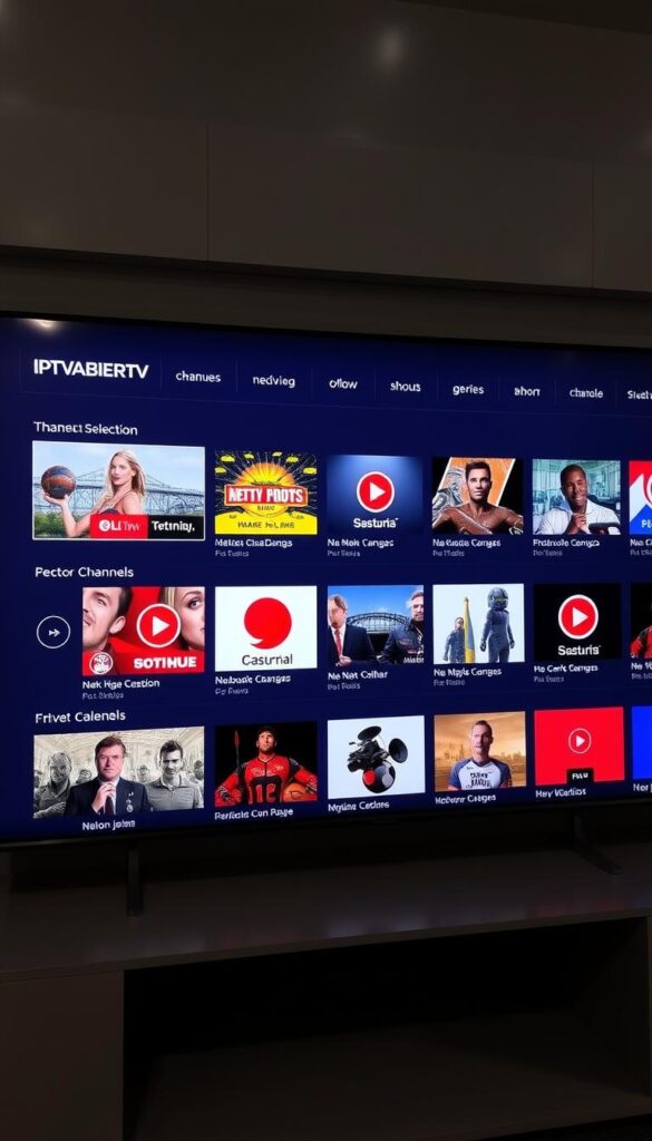 A modern, sophisticated IPTV service interface featuring a comprehensive channel selection for viewers in Germany. The screen displays a sleek, minimalist design with a grid layout showcasing various channels, categorized by genres. The interface has a clean, high-contrast color palette, with bold typography and subtle branding elements, including the "IPTVANBIETERTV" logo. The layout is optimized for easy navigation, with intuitive controls and a visually appealing presentation of channel thumbnails and descriptions. The overall atmosphere conveys a sense of professionalism, reliability, and a seamless viewing experience for the user.