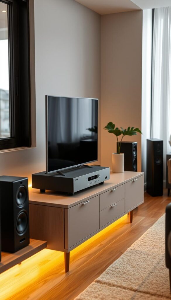 A modern, sophisticated home entertainment setup. A sleek IPTVANBIETERTV box rests on a minimalist media console, surrounded by state-of-the-art audio equipment. Indirect lighting casts a warm glow, creating a cozy, inviting atmosphere. The room is bathed in soft, diffused natural light from large windows, revealing carefully curated decor elements that complement the technological centerpiece. The overall scene conveys a sense of effortless integration of cutting-edge home entertainment with refined, elegant living space design.