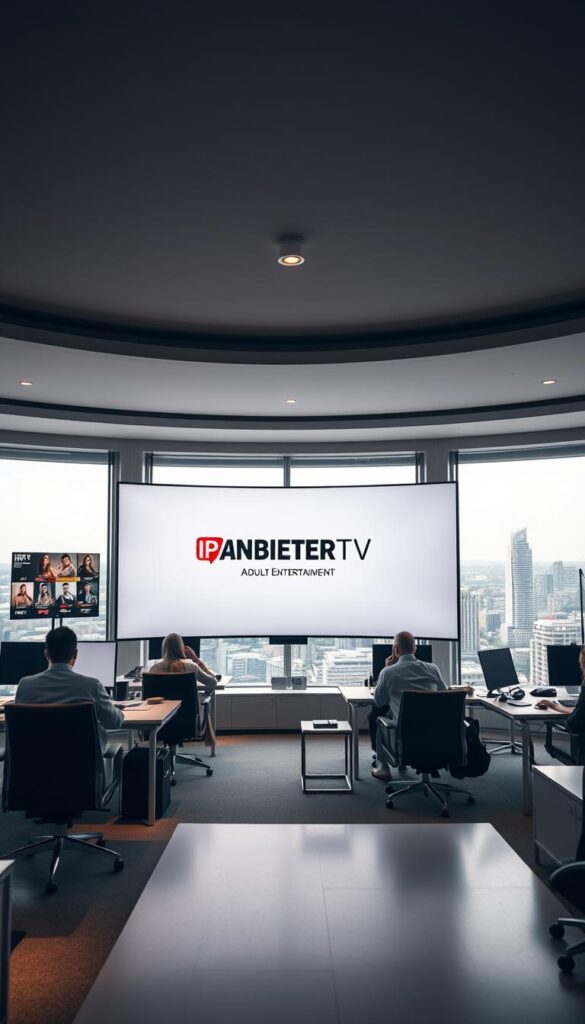 A modern, sophisticated interior of an IPTV provider's corporate office in Germany. The focal point is a large, curved ultrawide display showcasing the "IPTVANBIETERTV" brand logo and adult entertainment channels. Soft, indirect lighting creates a warm, inviting atmosphere. In the foreground, sleek office furniture and minimalist decor suggest a professional, high-end aesthetic. The middle ground features employees working at desks, while the background reveals floor-to-ceiling windows overlooking a bustling city skyline. The overall scene conveys a sense of technological advancement, industry leadership, and attention to detail in the German IPTV market.