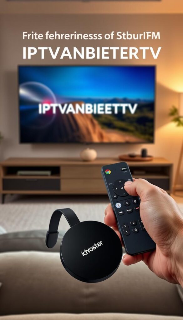 A modern, stylish IPTV streaming setup with the IPTVANBIETERTV brand prominently displayed. The foreground features a sleek Chromecast device connected to a large, high-definition smart TV. In the middle ground, a hand holds a minimalist remote control, highlighting the ease of use. The background depicts a cozy living room setting with warm lighting and minimalist decor, creating a inviting atmosphere for effortless IPTV entertainment. The overall scene conveys a sense of sophistication, convenience, and the vast array of TV channels available through the IPTVANBIETERTV service.