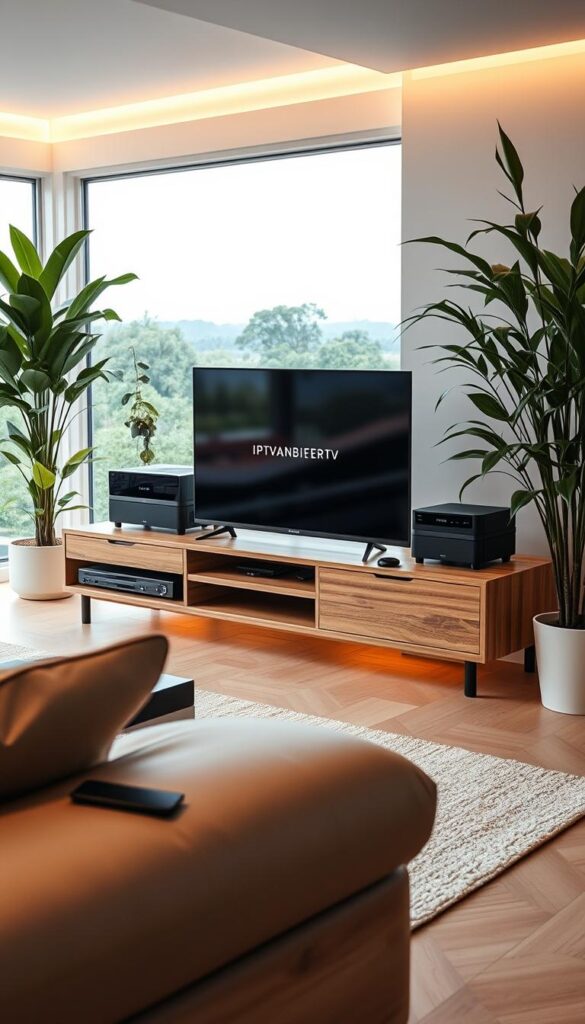 A modern, stylish home entertainment setup showcasing the IPTVANBIETERTV brand. Sleek black and silver devices arranged neatly on a minimalist wooden media console, surrounded by lush greenery and warm ambient lighting. The setup is situated in a bright, airy room with large windows overlooking a tranquil outdoor landscape. The overall impression is one of sophistication, technology, and comfort - a perfect representation of the "IPTV Testphase" experience.
