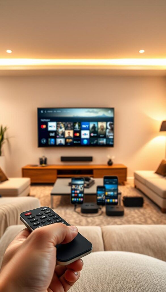 A modern, stylish living room with a large flatscreen TV mounted on the wall. The room is bathed in warm, diffused lighting, creating a cozy atmosphere. In the foreground, a sleek remote control is prominently displayed, representing the seamless control of IPTVANBIETERTV across multiple devices. The middle ground features various smart devices such as a tablet, smartphone, and streaming box, all connected and displaying the IPTVANBIETERTV interface. The background showcases a panoramic view of the city, emphasizing the flexibility and portability of IPTVANBIETERTV, allowing users to enjoy their favorite content anywhere.
