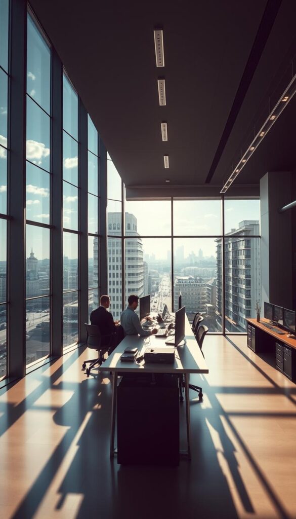 A modern, technologically-advanced IPTV service provider's headquarters, featuring a sleek, minimalist interior design with floor-to-ceiling windows overlooking a bustling German cityscape. Sunlight streams in, illuminating the workspace where employees monitor and maintain the IPTVANBIETERTV service. The scene conveys a sense of efficiency, innovation, and reliability, reflecting the high-quality IPTV experience the provider offers its customers.