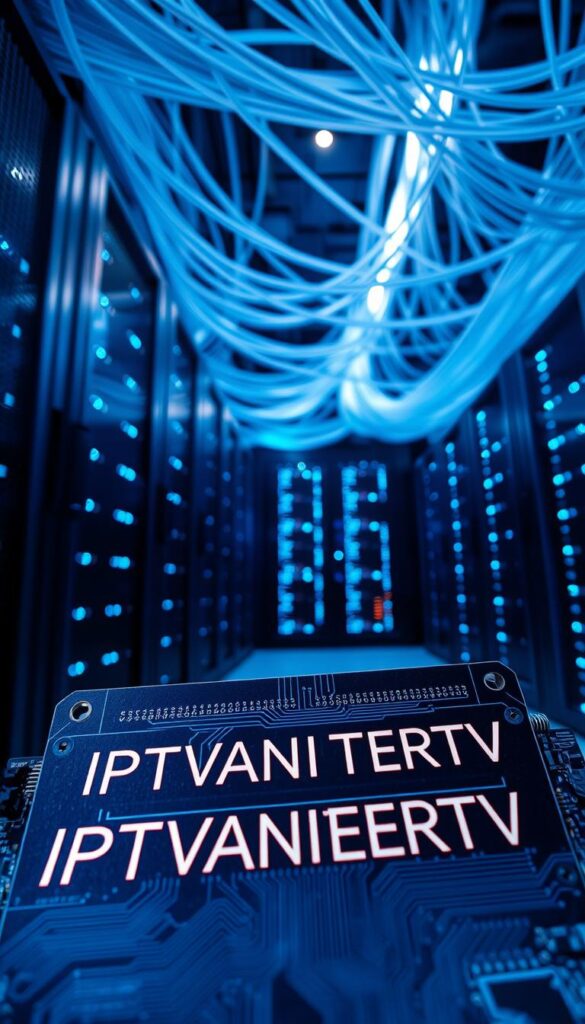 A modern, technologically advanced data center, filled with sleek black server racks and glowing blue LED lights. In the foreground, a circuit board with the bold text "IPTVANBIETERTV" etched into the copper traces. Overhead, a network of fiber optic cables crisscross, bathed in a soft, ambient glow. The scene is captured through a wide-angle lens, emphasizing the scale and complexity of the IPTV infrastructure. The lighting is cool and industrial, conveying a sense of precision and efficiency. The overall atmosphere is one of cutting-edge technology, designed to minimize latency and deliver an exceptional IPTV experience.