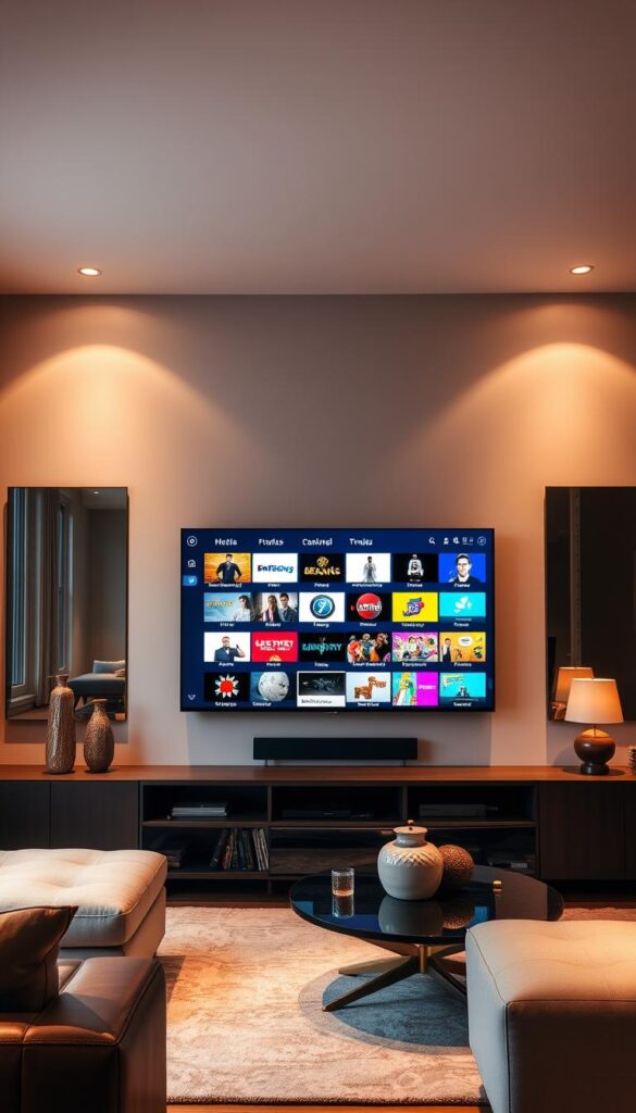 A modern, upscale living room with a large flatscreen TV mounted on the wall. The room is bathed in warm, soft lighting, creating a cozy and inviting atmosphere. On the TV screen, a diverse array of channels is displayed, showcasing the extensive channel selection of the IPTVANBIETERTV service. The room is styled with minimalist, contemporary furniture and accents, reflecting the premium quality and reliability of the IPTV provider. The overall scene conveys a sense of high-end entertainment and home comfort.