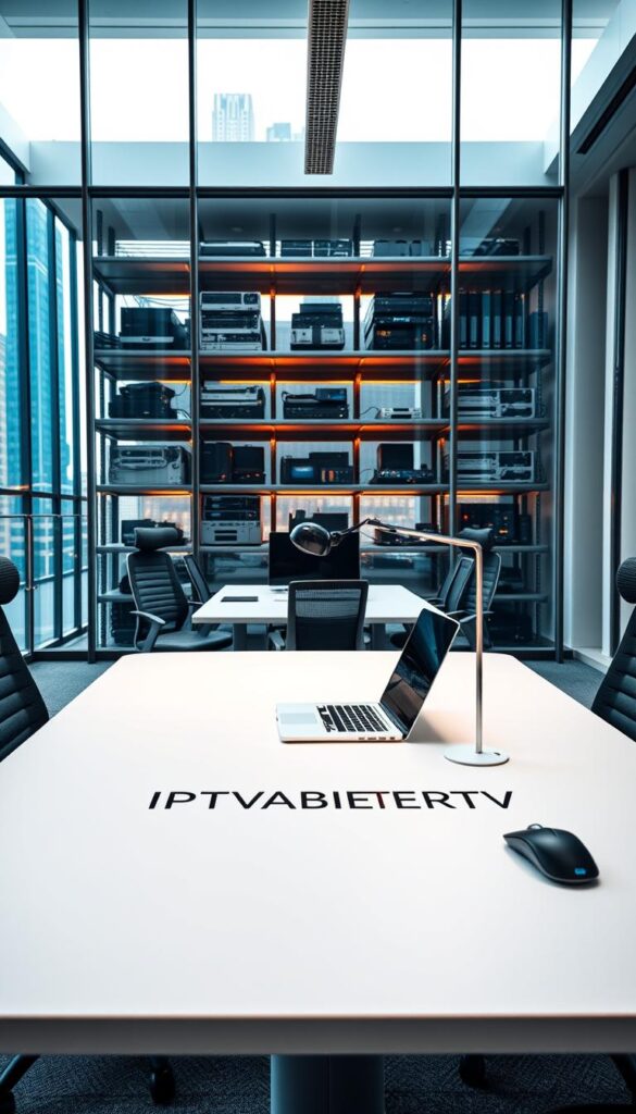 A modern, upscale office interior with large windows overlooking the Berlin skyline. In the foreground, a sleek, minimalist desk featuring the IPTVANBIETERTV logo. On the desk, a laptop, a wireless mouse, and a stylish desk lamp. The middle ground showcases several ergonomic office chairs surrounding the desk, creating a collaborative workspace. In the background, floor-to-ceiling shelves filled with technical equipment, servers, and networking devices, hinting at the brand's technological expertise. The lighting is a combination of natural daylight and warm, indirect lighting, creating a professional and inviting atmosphere. The overall scene conveys the impression of a leading IPTV provider in Germany, with a focus on high-quality, state-of-the-art technology and a visually appealing, modern office environment.