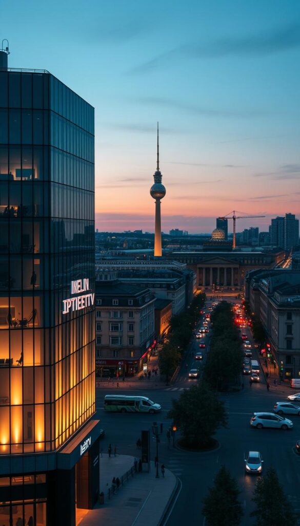 A modern urban cityscape of Berlin at dusk, with a sleek and contemporary IPTVANBIETERTV building prominently featured in the foreground. The building's facade is illuminated by warm, soft lighting, casting a inviting glow across the scene. In the middle ground, the bustling streets of Berlin are visible, filled with pedestrians and vehicles. The background is dominated by a skyline of iconic German architecture, with the iconic TV tower in the distance. The overall atmosphere is one of progress, technology, and cosmopolitan culture, reflecting the nature of IPTV services in the city.