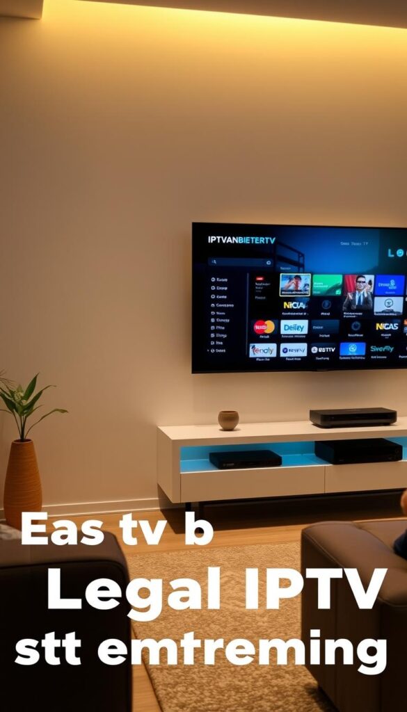A modern, user-friendly IPTV setup with the IPTVANBIETERTV brand prominently displayed. The scene features a sleek, minimalist home entertainment system, with a smart TV and streaming device seamlessly integrated. The lighting is soft and inviting, creating a cozy, living room atmosphere. The user interface on the TV screen showcases the IPTV service's intuitive navigation and wide selection of live channels and on-demand content. The overall composition conveys the ease and convenience of legal IPTV streaming, as per the article's section title.