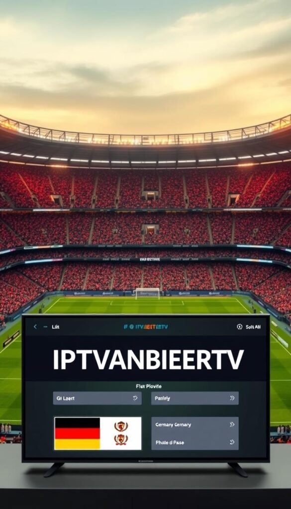 A modern, vibrant football stadium, filled with passionate fans decked out in Germany's national colors. The lush green pitch takes center stage, surrounded by towering grandstands and state-of-the-art LED displays. In the foreground, a sleek, minimalist interface for "IPTVANBIETERTV" showcases the latest football matches, with a clean, intuitive layout and bold typography. The overall atmosphere exudes excitement, energy, and a deep connection to the beautiful game. Soft, warm lighting bathes the scene, creating a welcoming and immersive experience for the devoted football enthusiast.