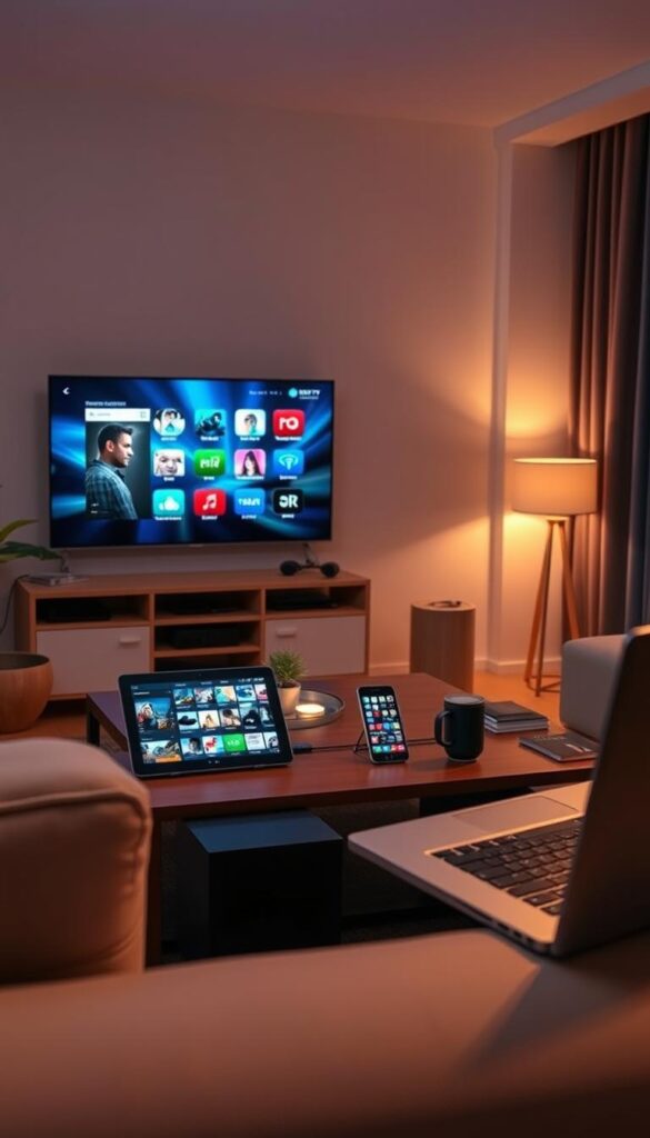 A modern, vibrant living room scene featuring an array of digital devices, including a smart TV, tablet, smartphone, and laptop, all connected to the IPTVANBIETERTV service. The room is bathed in warm, soft lighting, creating a cozy and inviting atmosphere. The devices are elegantly arranged, showcasing the seamless integration and flexibility of IPTV across multiple platforms. The scene conveys a sense of comfort and convenience, highlighting the ability to enjoy IPTV content on various screens throughout the home.