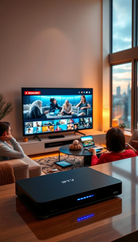 A modern, vibrant living room scene with a large flatscreen TV displaying a diverse array of streaming devices, smartphones, tablets, and laptops. In the foreground, a sleek, high-end IPTVANBIETERTV set-top box is prominently featured, its LED indicator glowing softly. The middle ground showcases various users seamlessly accessing IPTV content across multiple devices, creating a sense of connected, on-the-go entertainment. The background depicts a cozy, well-lit interior with minimalist decor, warm lighting, and large windows overlooking a picturesque urban skyline. The overall mood is one of effortless, technology-enabled convenience and entertainment.