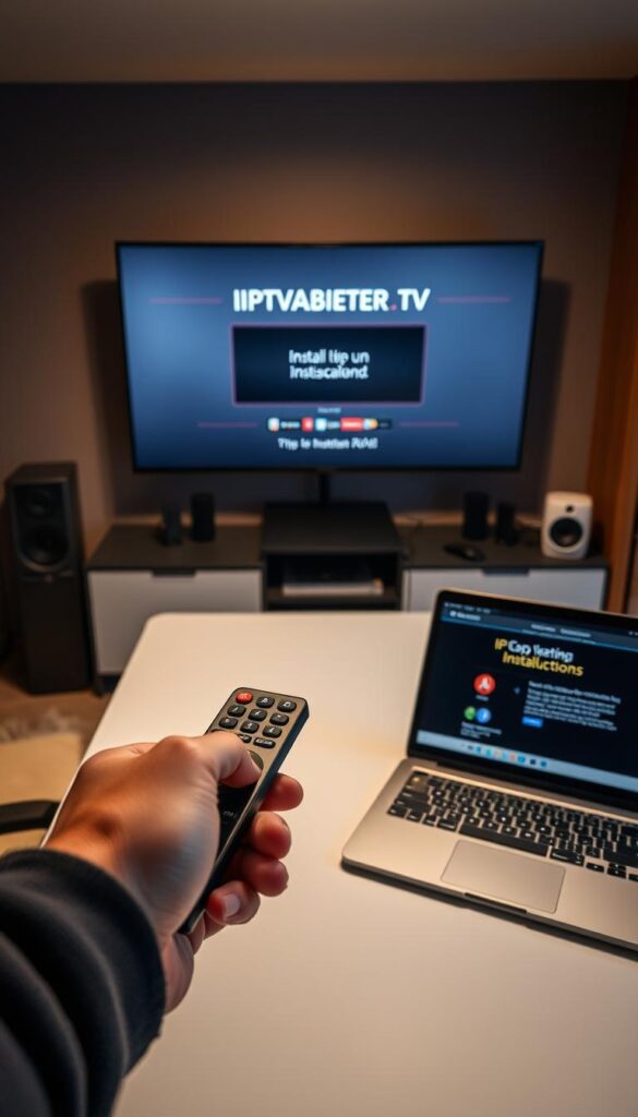 A modern, well-appointed home office setup with a sleek, minimalist desk and high-end computer equipment. In the foreground, a hand holds a remote control, ready to access the IPTVANBIETERTV interface on the computer screen. The middle ground features an open laptop displaying step-by-step installation instructions, while the background showcases a large, high-definition TV mounted on the wall, ready to display the IPTV Deutschland Abo content. The lighting is warm and inviting, creating a comfortable and productive atmosphere. The overall scene conveys the ease and convenience of setting up the IPTV Deutschland Abo service.