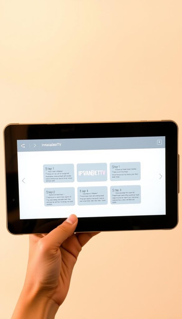 A modern, well-designed IPTV app installation guide on a high-resolution tablet device. The screen displays intuitive step-by-step instructions with clean UI elements. The tablet is held in an ergonomic hand grip, showcasing the sleek hardware design. The background is a minimalist white or light gray, drawing focus to the app interface. Warm, soft lighting illuminates the scene, creating a professional, educational atmosphere. The IPTVANBIETERTV brand logo is prominently featured on the tablet's display. The overall composition highlights the simplicity and user-friendliness of the IPTV app installation process.