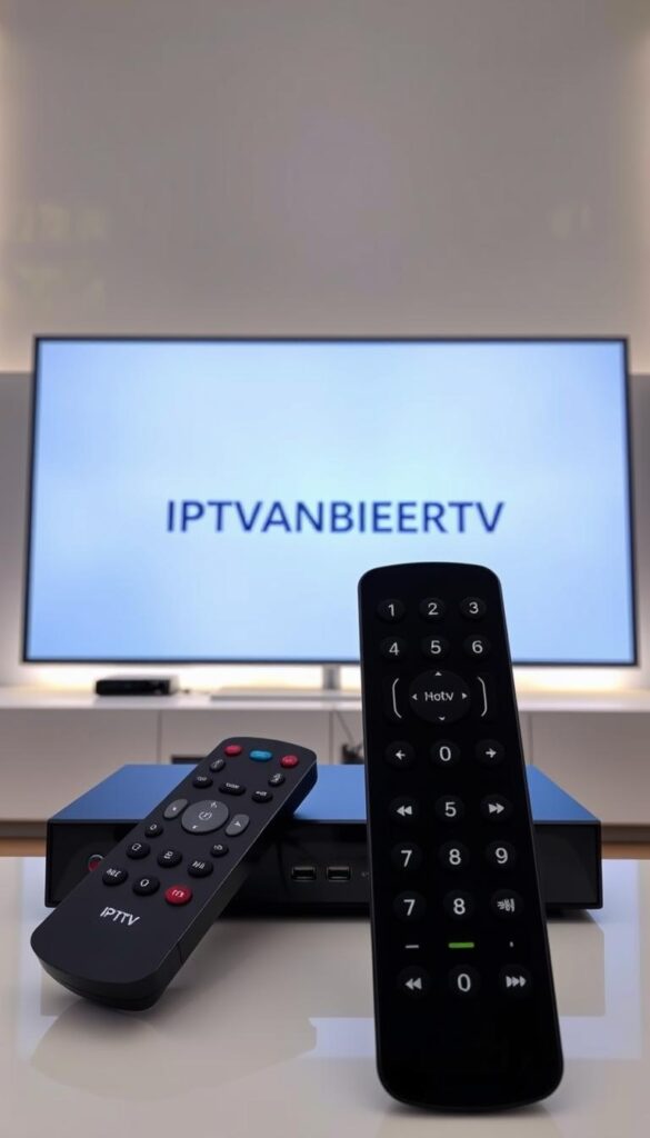 A modern, well-designed IPTV system with sleek remote controls and a user-friendly interface. The screen displays the IPTVANBIETERTV brand name prominently, set against a clean, minimalist background with subtle lighting effects. The remote has a minimalist design with large, responsive buttons, allowing for easy navigation of the IPTV menus. The overall scene conveys a sense of technological sophistication and user-centric design, reflecting the seamless integration of IPTV technology into the home entertainment experience.