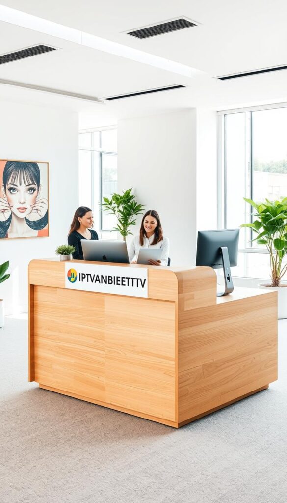 A modern, well-designed customer service desk for the IPTVANBIETERTV brand, situated in a bright, airy office space. The desk is made of sleek, polished wood, with a minimalist, professional aesthetic. Behind the desk, a team of friendly, attentive customer service representatives assist clients with inquiries and troubleshooting. The room is filled with natural light, creating a warm and welcoming atmosphere. The walls are adorned with tasteful, abstract artwork, and the floor is covered in a plush, neutral-toned carpet. The overall impression is one of efficiency, reliability, and a genuine commitment to customer satisfaction.