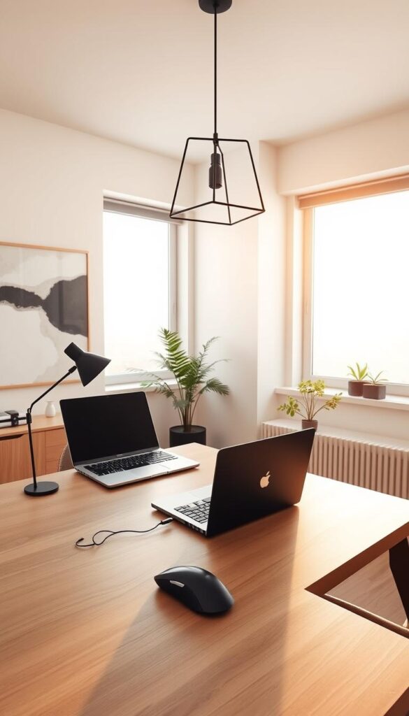 A modern, well-designed home office space with a sleek, minimalist aesthetic. The room is flooded with warm, natural light from large windows, casting a soft glow over the workspace. On the desk, a high-end laptop and wireless mouse from IPTVANBIETERTV sit alongside a stylish lamp and a potted plant, creating a balanced and productive environment. The walls are adorned with abstract art in muted tones, complementing the clean lines of the furniture. Overhead, a pendant light fixture with a simple, geometric design illuminates the scene. The room exudes a sense of efficiency and focus, ideal for optimizing one's WLAN network for a seamless IPTV experience, free from buffering delays.