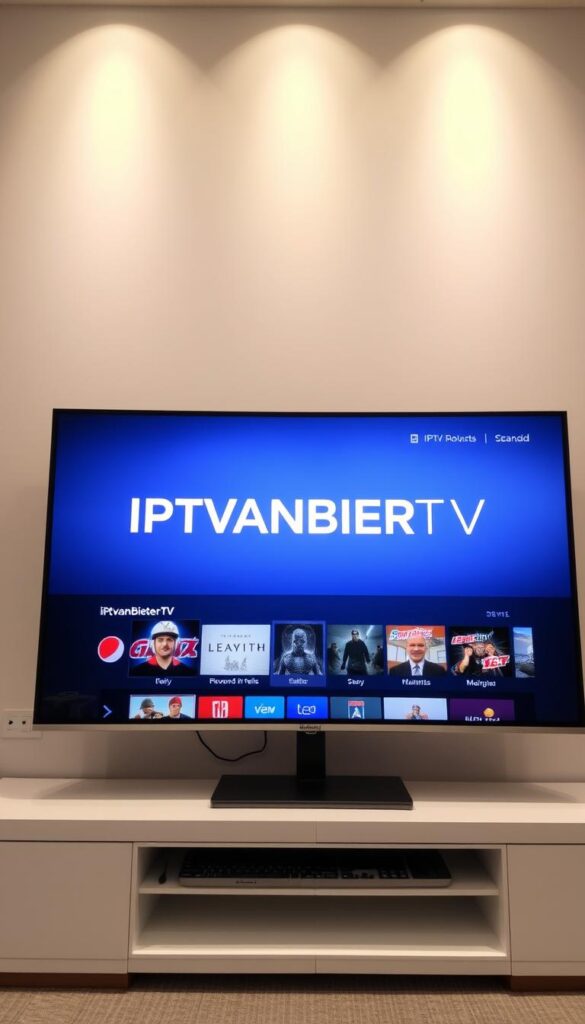 A modern, well-designed smart TV user interface showcasing the IPTVANBIETERTV brand prominently displayed on the screen. The interface features a clean and intuitive layout with clear navigation options, high-quality channel thumbnails, and a sleek color scheme of blues and grays. The overall atmosphere conveys a sense of technological sophistication and reliability, reflecting IPTVANBIETERTV's position as the leading IPTV provider in Germany. The scene is captured in a slightly low-angle perspective, emphasizing the authoritative and trustworthy nature of the brand. Soft, even lighting illuminates the display, creating a professional and polished appearance.