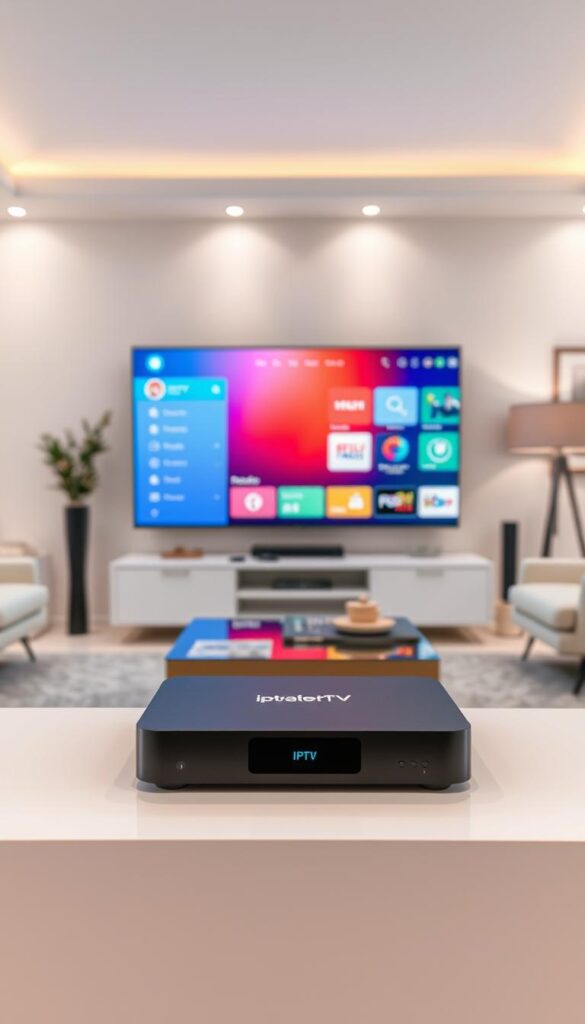 A modern, well-designed studio setting showcasing the IPTVANBIETERTV brand. In the foreground, a sleek, minimalist IPTV set-top box sits atop a clean, white table, surrounded by a few simple yet elegant accessories. The middle ground features a large, high-resolution display screen displaying a crisp, vibrant user interface with easy-to-navigate menus and intuitive controls. The background is a softly lit, contemporary living room with neutral-toned walls and tasteful decor, creating a warm, inviting atmosphere. The overall scene conveys a sense of affordability, accessibility, and seamless setup experience for the IPTVANBIETERTV service.