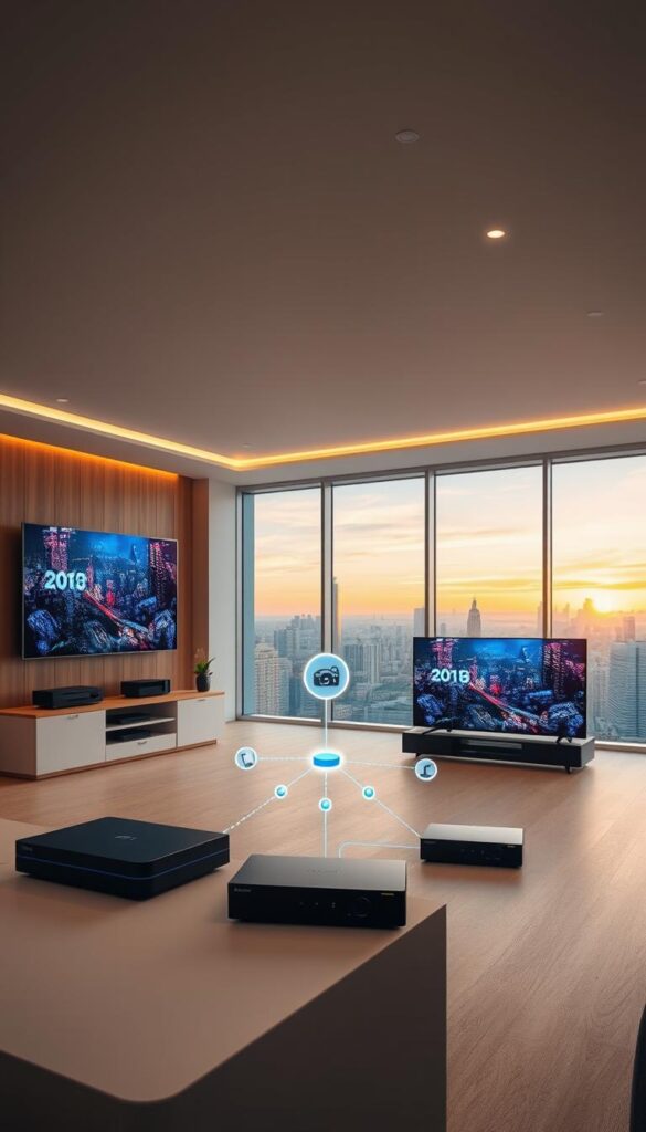 A modern, well-equipped IPTVANBIETERTV service center, showcasing reliable IPTV streaming with crystal-clear images and minimal buffering. The foreground features sleek, high-end devices in a minimalist, Scandinavian-inspired interior design, with warm lighting and clean lines. The middle ground depicts a network diagram illustrating the seamless multi-device connectivity, while the background showcases a vibrant cityscape through large windows, symbolizing the widespread availability and accessibility of the IPTVANBIETERTV service.