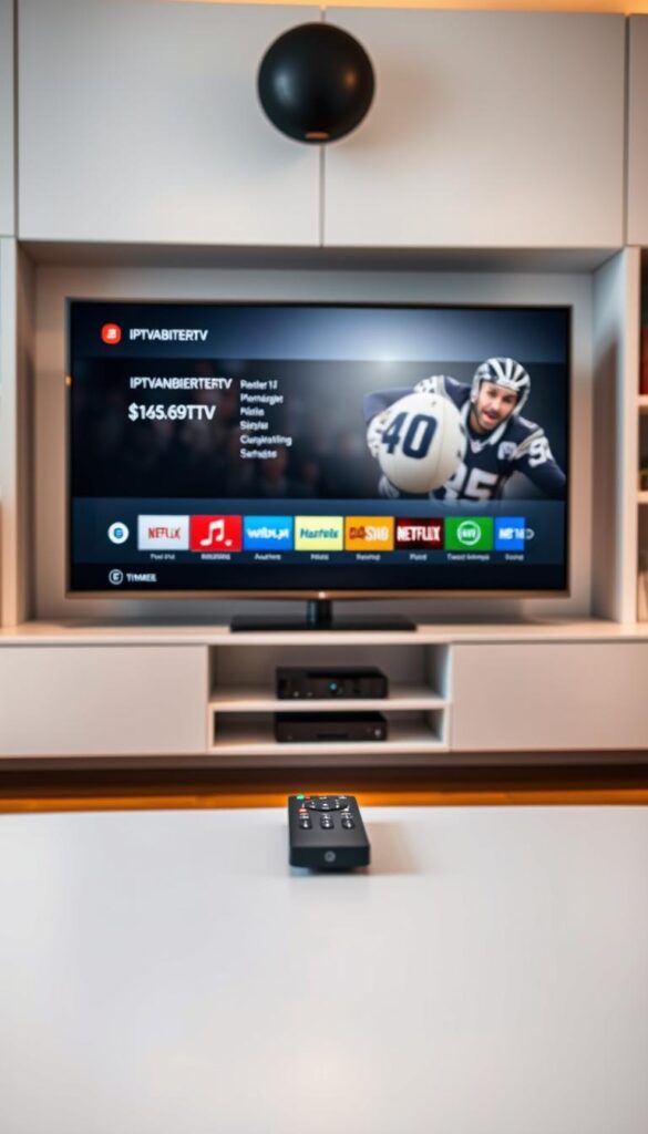 A modern, well-lit home entertainment setup. In the foreground, a sleek and minimalist Smart TV, its screen displaying the IPTVANBIETERTV interface. The middle ground features a remote control, hinting at the seamless user experience. In the background, a clean and organized media cabinet, housing various streaming devices. The lighting is warm and inviting, creating a cozy atmosphere. The overall scene conveys a sense of technological sophistication and effortless IPTV integration into the home environment.