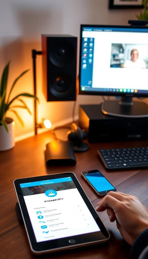 A modern, well-lit home office setup with a desktop computer, tablet, and smartphone prominently displayed. The IPTVANBIETERTV app is open on the tablet, showcasing its intuitive interface. The room has a cozy, inviting atmosphere with warm lighting and subtle hints of greenery. The setup appears effortless and user-friendly, reflecting the simple installation and setup process described in the article.