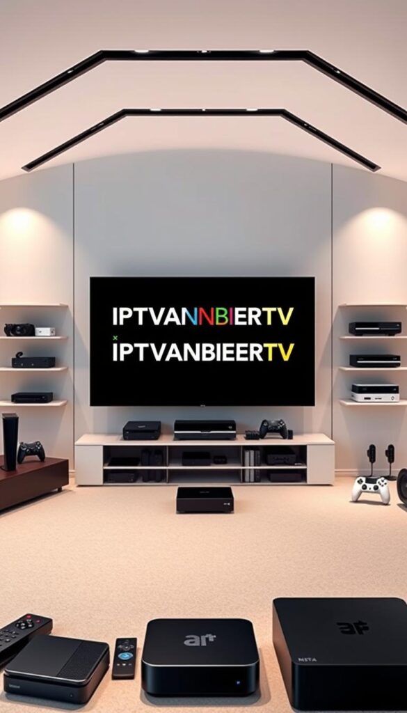 A modern, well-lit interior with a sleek, minimalist design. In the center, a large, high-definition television displays the IPTVANBIETERTV logo, showcasing its compatibility with a range of devices. Surrounding the TV, an array of popular streaming devices, such as smart TVs, gaming consoles, and set-top boxes, are neatly arranged, highlighting the versatility of the IPTVANBIETERTV service. The overall scene conveys a sense of technological sophistication and seamless integration, encouraging the viewer to consider the ease of accessing IPTVANBIETERTV on their preferred devices.