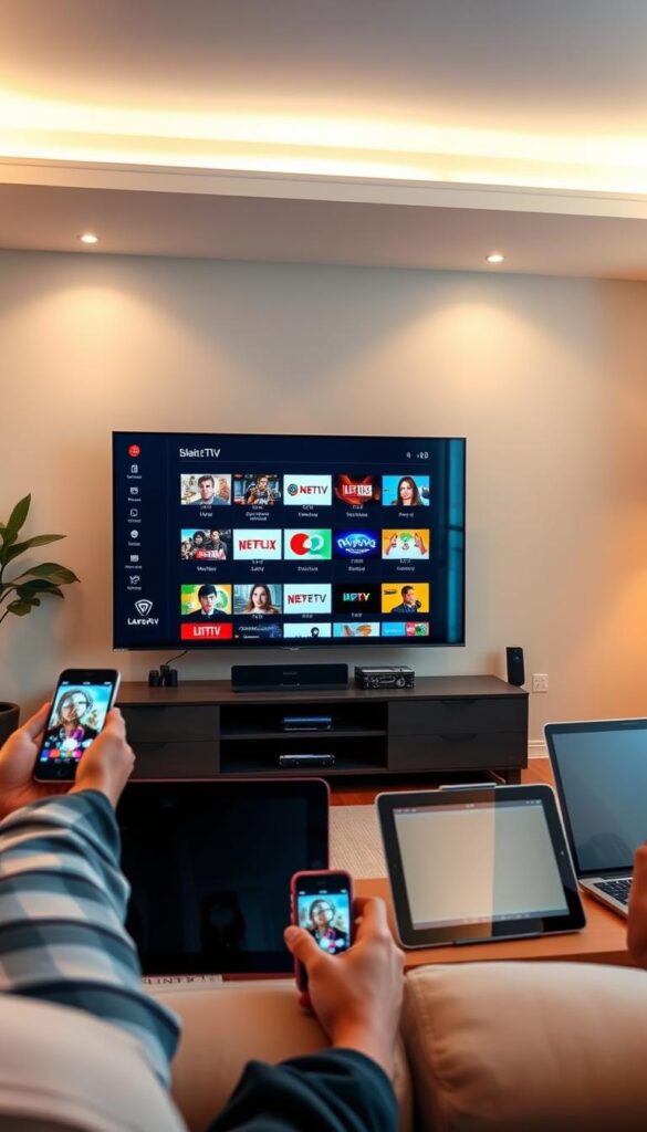 A modern, well-lit living room with a large TV screen displaying a variety of IPTV streaming channels. The TV is surrounded by various internet-connected devices such as smartphones, tablets, and a laptop, all showcasing the ability to access the IPTVANBIETERTV service on multiple devices simultaneously. The room has a cozy, inviting atmosphere with warm lighting and comfortable furniture, conveying the idea of a seamless, convenient IPTV streaming experience across multiple devices.