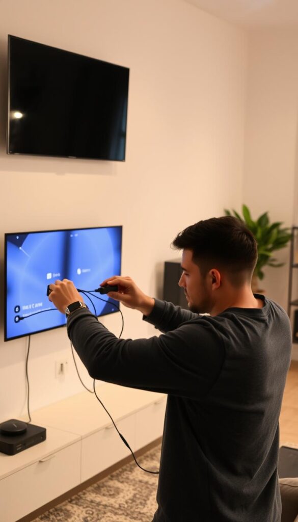 A modern, well-lit living room with a sleek TV mounted on the wall. In the foreground, a person carefully connecting cables and devices, setting up their IPTVANBIETERTV service. The scene conveys a sense of simplicity and ease, with a clean, minimalist aesthetic. The lighting is soft and warm, creating a welcoming atmosphere. The user's expression is one of focused concentration, reflecting the straightforward installation process. In the background, subtle hints of decor and furnishings suggest a comfortable, contemporary home environment.