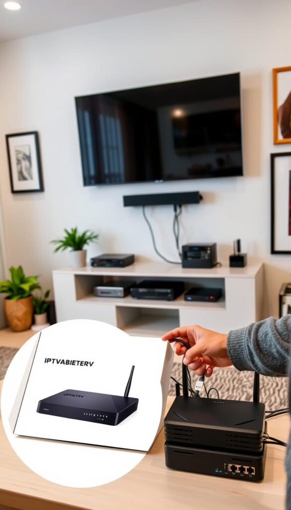 A modern, well-lit living room with a sleek, wall-mounted TV display. In the foreground, a person is carefully unpacking and setting up an IPTVANBIETERTV device, connecting cables and cables to the TV and home network. The middle ground shows neatly organized networking equipment, including a router and Ethernet switches. The background features tasteful decor elements, such as potted plants and framed artwork, creating a harmonious and inviting atmosphere. The scene conveys a sense of effortless integration and the satisfaction of a straightforward IPTV installation process.