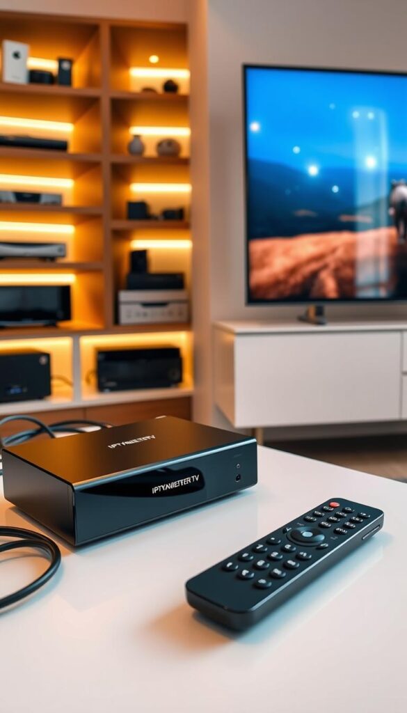 A neatly organized home entertainment setup with a sleek IPTVANBIETERTV device, modern TV, and intuitive remote control. The lighting is warm and inviting, creating a cozy atmosphere. The layout is clean and uncluttered, with thoughtful cable management. In the background, there are shelves displaying various media devices, hinting at the comprehensive capabilities of the IPTV system. The overall scene conveys the simplicity and convenience of setting up a high-quality IPTV experience in just a few minutes.