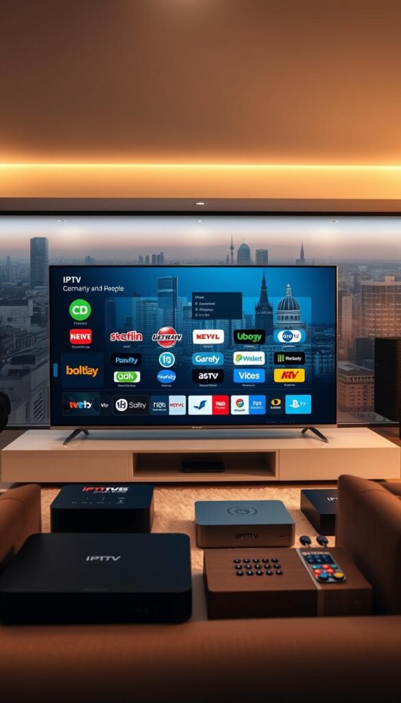 A panoramic view of the German IPTV market, showcasing the diverse offerings of IPTVANBIETERTV. The scene depicts a sleek, modern living room with a large, high-definition television screen prominent in the foreground. On the screen, various IPTV channel logos and interfaces are displayed, highlighting the wide range of content available. In the middle ground, a selection of IPTV streaming devices, such as set-top boxes and smart TVs, are arranged, each with distinctive branding. The background features a cityscape of German metropolitan areas, symbolizing the nationwide reach and accessibility of IPTV services. The lighting is warm and inviting, creating a sense of comfort and entertainment. The overall composition conveys the convenience, variety, and growing popularity of IPTV in the German market.
