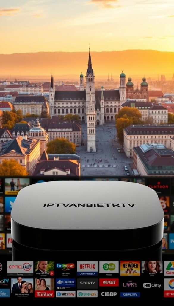 A panoramic view of the Munich skyline at golden hour, with the iconic Frauenkirche and Marienplatz in the foreground. The city is bathed in a warm, inviting glow, reflecting the vibrant culture and entertainment options available to residents and visitors. In the middle ground, a modern, sleek IPTV streaming device labeled "IPTVANBIETERTV" takes center stage, symbolizing the diverse and high-quality programming options for the Munich area. The background features a collage of popular TV channels and streaming services, hinting at the extensive IPTV package available to the local community.