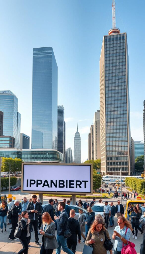 A panoramic view of the modern IPTV-Markt in Deutschland, showcasing a bustling cityscape with towering skyscrapers and sleek office buildings. In the foreground, a prominent billboard displays the brand name "IPTVANBIETERTV", capturing the attention of passersby. The middle ground features a diverse array of people, from professionals to families, all engaged with their mobile devices, reflecting the widespread adoption of IPTV services. The background is filled with a vibrant urban landscape, complete with public transportation, lush greenery, and a clear, blue sky, creating a sense of a thriving, technology-driven environment. The scene is captured with a wide-angle lens, emphasizing the scale and scope of the IPTV market in Germany, lit by warm, natural lighting that enhances the overall sense of modernity and progress.