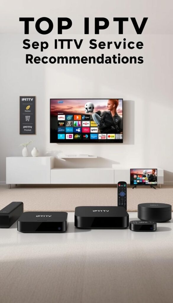 A photo of IPTVANBIETERTV's top IPTV service recommendations for German users. The image shows a clean, modern composition with a minimalist design, featuring various IPTV devices such as smart TVs, set-top boxes, and mobile devices. The foreground showcases the diverse channel selection and high-quality streaming capabilities of the IPTV service, with the middle ground highlighting the user-friendly interface and intuitive navigation. The background depicts a serene, contemporary living room setting, creating a warm and inviting atmosphere. The lighting is soft and diffused, complementing the sleek, elegant aesthetic. The overall scene conveys a sense of reliability, convenience, and an exceptional IPTV experience tailored for the German market.