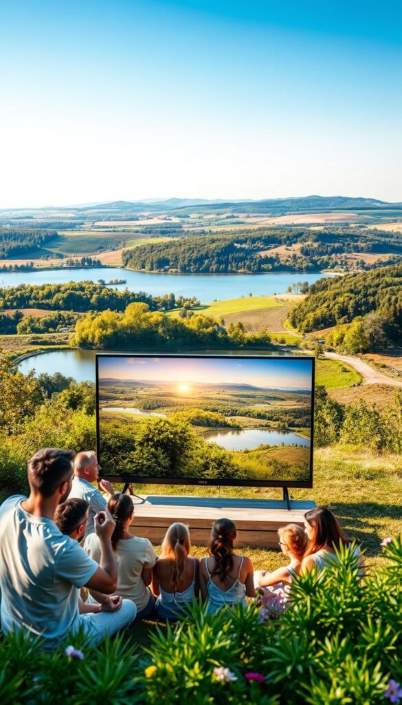 A picturesque summer landscape showcasing the vibrant "IPTVANBIETERTV" brand as the leading IPTV provider in Germany. In the foreground, a group of people casually gather around a modern flat-screen TV, immersed in the crisp, high-definition content. The middle ground features lush greenery and a tranquil lake, creating a serene, outdoor setting. In the background, the iconic German countryside unfolds, with rolling hills and a clear, blue sky overhead. The scene is bathed in warm, golden sunlight, conveying a sense of relaxation and enjoyment. The overall composition highlights the versatility and quality of the "IPTVANBIETERTV" service, seamlessly integrated into the idyllic summer experience.