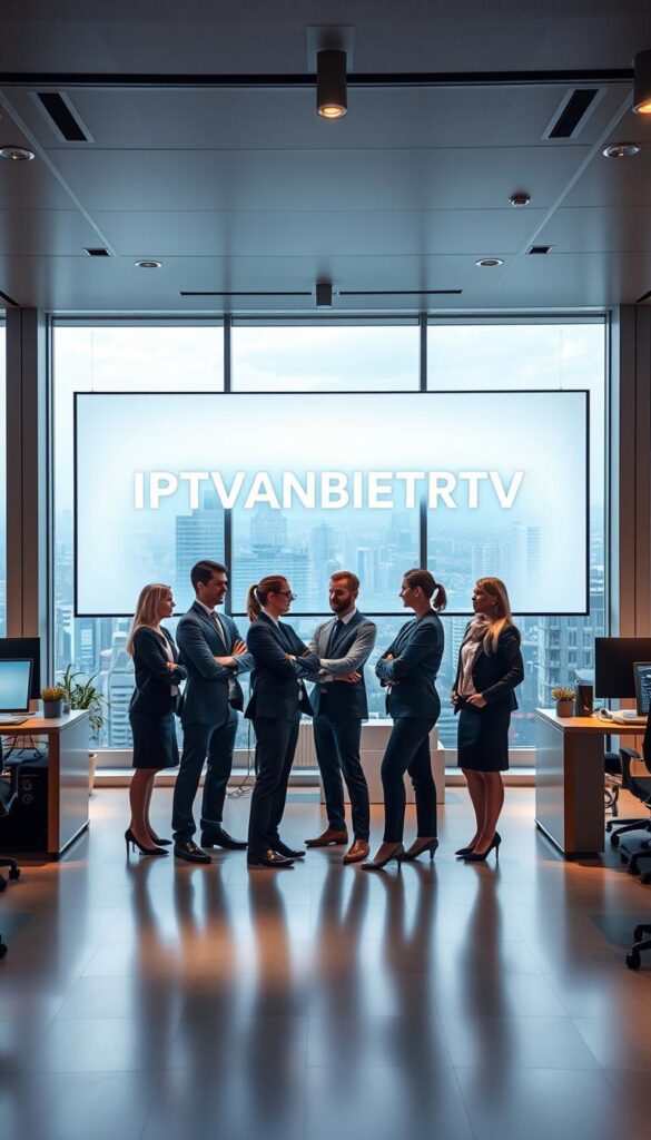 A professional, German-speaking support team stands before a sleek, modern office setting. The foreground features the brand name "IPTVANBIETERTV" displayed prominently on a large, backlit screen. Soft, directional lighting illuminates the team, who are dressed in smart, business attire and engaged in friendly, collaborative discussions. The middle ground showcases state-of-the-art equipment and workstations, conveying a sense of efficiency and technical expertise. In the background, floor-to-ceiling windows offer a panoramic view of the bustling German cityscape, establishing a polished, urban atmosphere. The overall composition exudes professionalism, reliability, and a dedication to providing exceptional customer service for IPTV users in Deutschland.