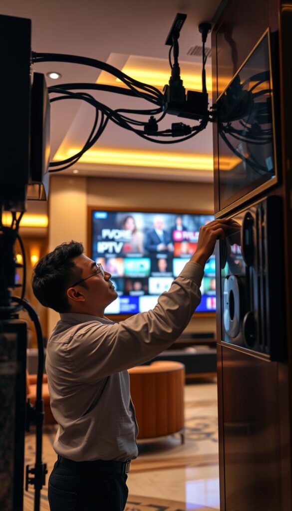 A professional IPTVANBIETERTV representative installing a modern IPTV system in a luxurious hotel lobby. The scene is bathed in warm, soft lighting, creating a welcoming atmosphere. The representative is carefully configuring the IPTV equipment, ensuring a seamless integration with the hotel's existing infrastructure. In the background, a large, high-resolution display showcases the diverse range of IPTV channels and services available, enticing hotel guests. The overall mood is one of efficiency, expertise, and the promise of a superior in-room entertainment experience for the hotel's discerning clientele.