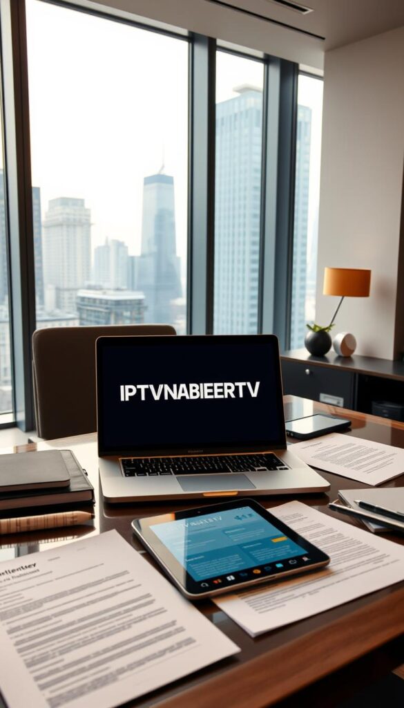 A professional and sleek office interior with a large window overlooking a modern cityscape. On the desk, a laptop displays the "IPTVANBIETERTV" brand name, surrounded by various legal documents and a tablet showing IPTV service provider reviews. The lighting is soft and warm, creating a calm and authoritative atmosphere. The room is tastefully decorated with minimalist furniture and accents, conveying a sense of credibility and trustworthiness. The overall scene reflects the legal aspects and research involved in choosing the best IPTV provider in Germany.