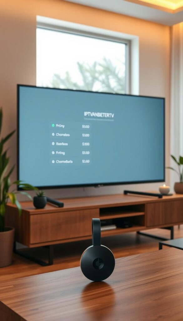 A professional and transparent IPTVANBIETERTV Chromecast subscription service. A modern living room interior with a Chromecast device connected to a large flatscreen TV, displaying a minimalist on-screen menu with pricing options. Soft, warm lighting illuminates the scene, creating a cozy and inviting atmosphere. The TV stands on a minimalist wooden media console, with potted plants and decor accents in the background, conveying a sense of harmony and comfort. The overall composition emphasizes the simplicity and accessibility of the IPTVANBIETERTV service, with a focus on the Chromecast device and the pricing information displayed on the screen.